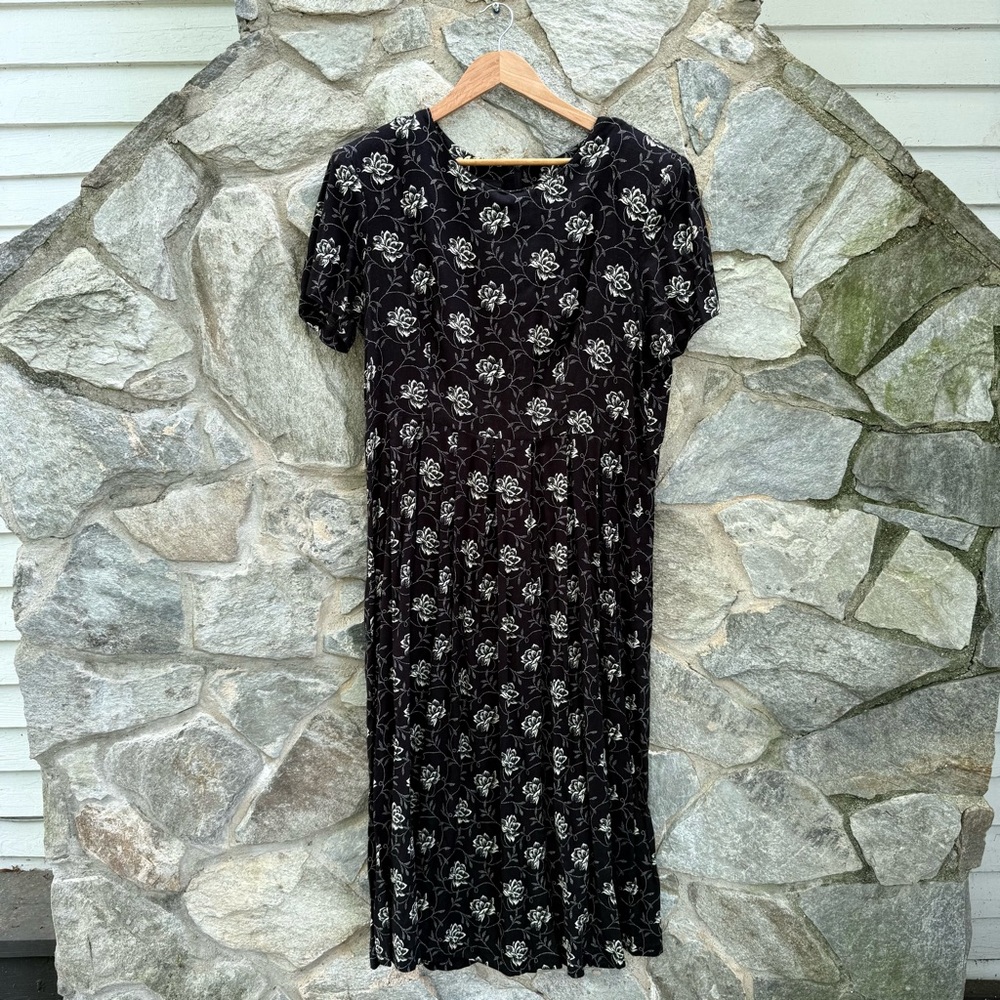 90s Black Rose Print Midi Dress